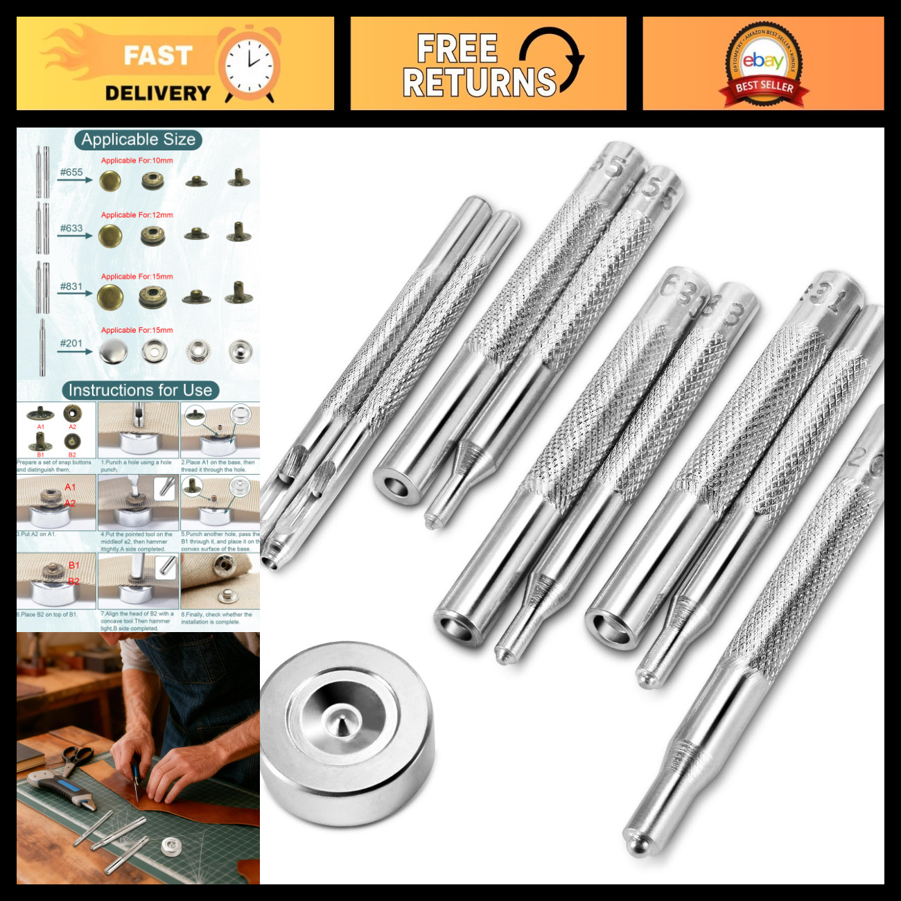 10pcs Snap Button Setter Tool Kit - Metal Punch for DIY Sewing Fabric, Leather,