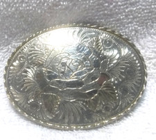 Silver Large Flower Western Belt Buckle Oval Shape W Brand USA Made Great VTG