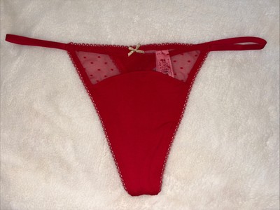 Victoria's Secret Panties V String Thong Panty Red Cotton Dotted Mesh Large L