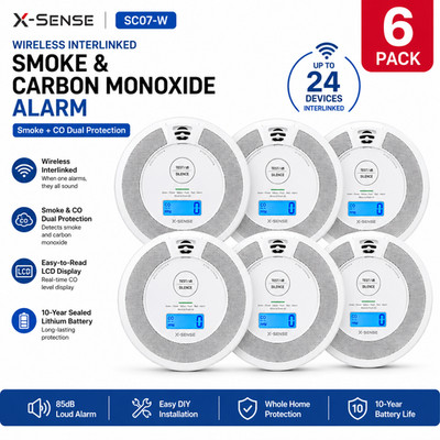 6 Pack X-Sense Wireless Interconnected Smoke & Carbon Monoxide Alarm SC07-W LCD 
