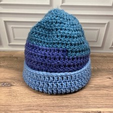 Handmade Crochet Beanie Unisex One Size Blue Colorblock Chunky Knit Cuffed Hat