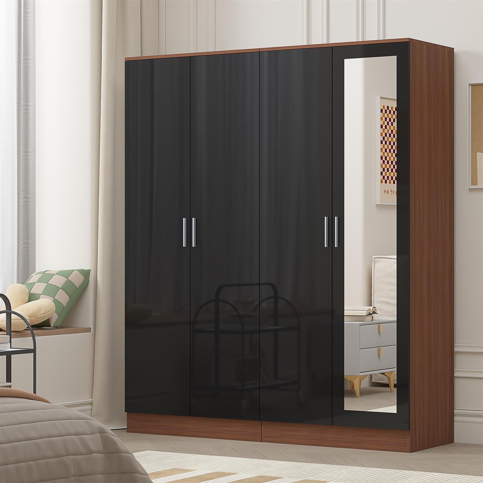 Reflect Black Gloss Wardrobe Bundle - Mirror + 2 Door Plain - Black / Walnut - Black Gloss / Matt Walnut - Image 4