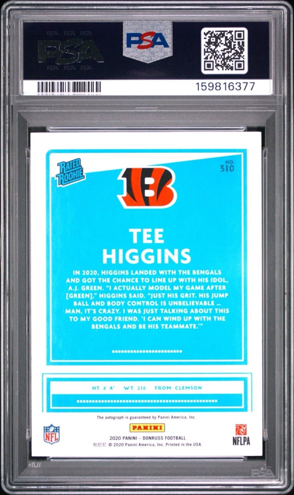 2020 PANINI DONRUSS #310 TEE HIGGINS AUTOGRAPH-BRONZE PSA 8 view 2