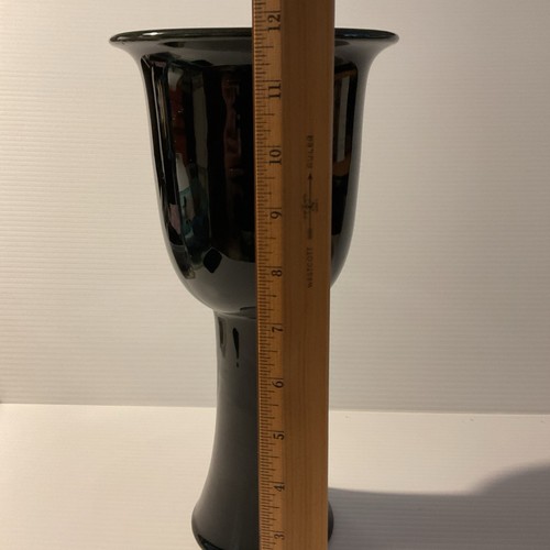 Vintage Tall Shiny Black Vase Terra Cotta 11 3/4” Tall 5 3/4” Wide Marked Leaf - Picture 6 of 8
