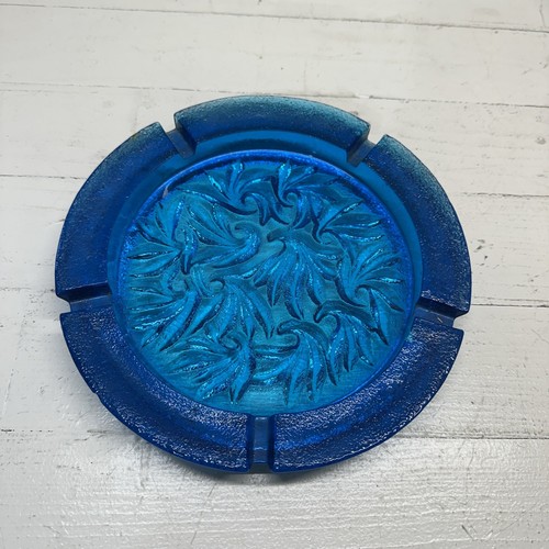 Vintage Blue LE Smith Sand Scroll Round Glass Cigar Cigarette Ashtray 10”