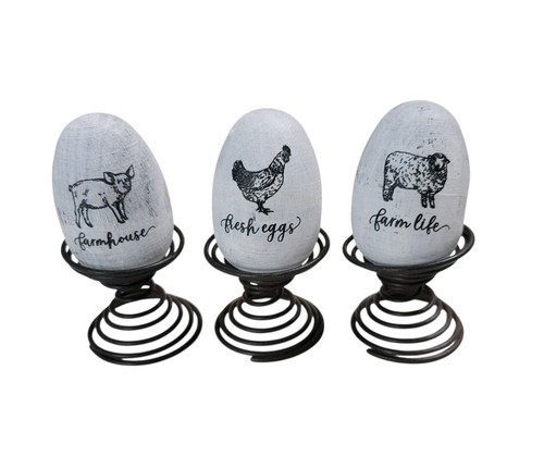 Set Of 3 Farm Life Fresh Eggs & Farmhouse On Springs Pig Sheep Chicken Decor