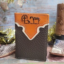 Praying Cowboy Trifold Mini Wallet  Pebbled Genuine Leather  Embossed Design 