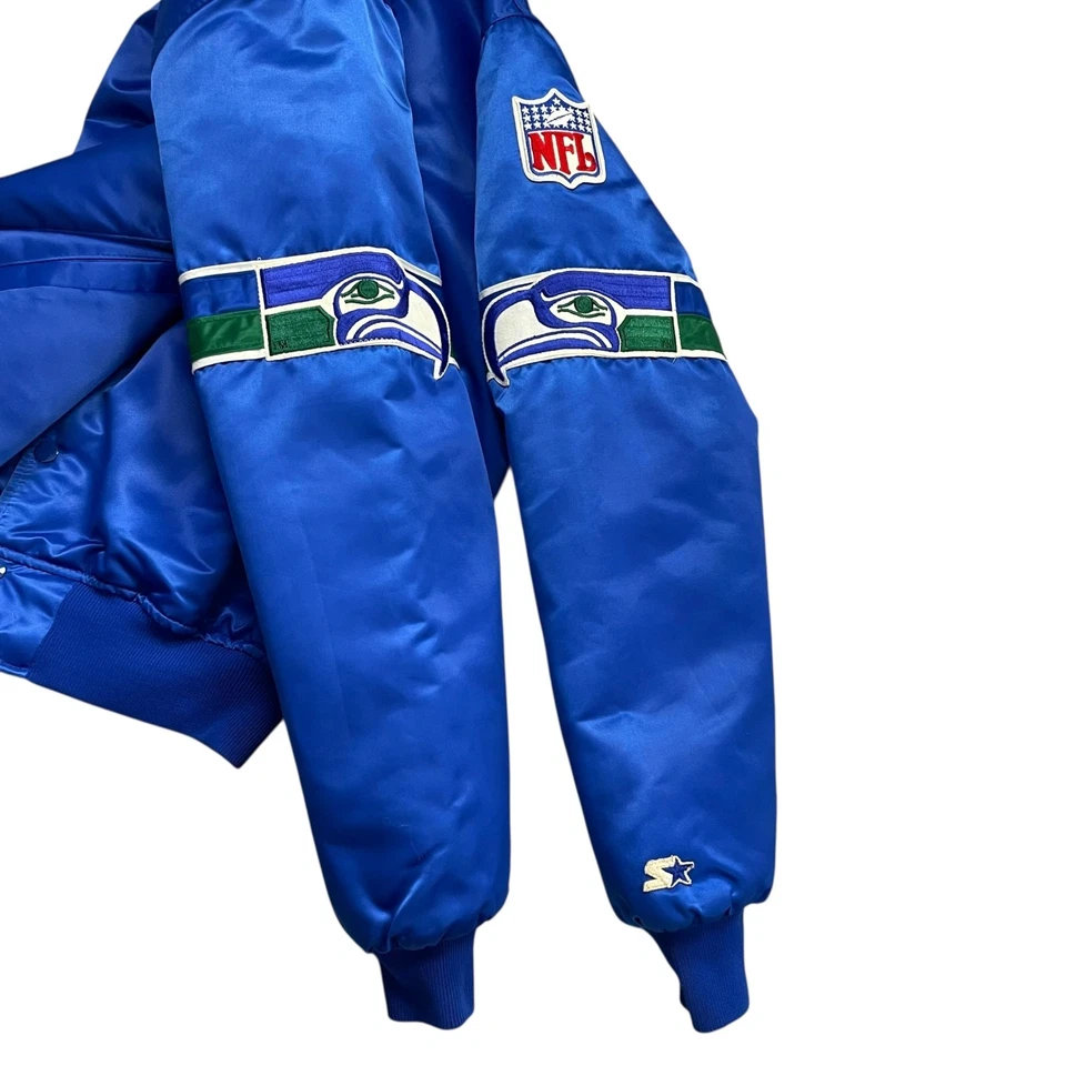 VTG 90s NFL SEATTLE SEAHAWKS STARTER SATIN BOMBER JACKET BLUE SIZE L MADE IN USA - Image 4 of 4