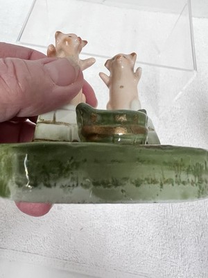 Antique German Pink Pigs Fairing Green Bucket White Wall Dish