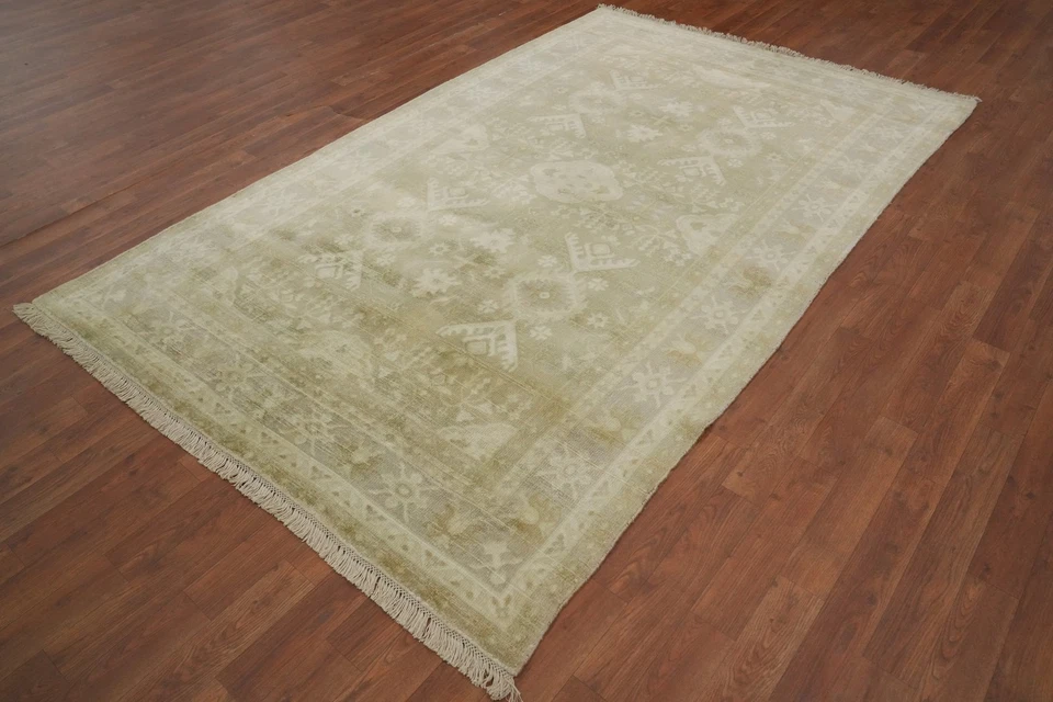 Handmade Green Transitional Silk Carpet Oushak Oriental Bedroom Area Rug 5x8 Ft - Image 4 of 4