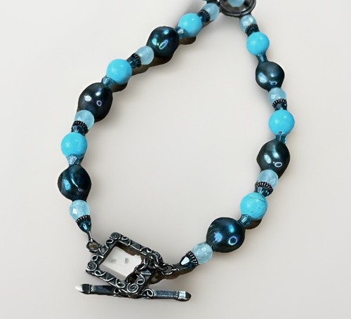 Sterling Silver Large Howlite Pendant Necklace Black Glass / Turquoise Beads - Picture 5 of 14