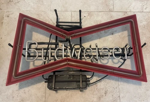 Vintage Budweiser Neon Sign Light- 30x19" Bowtie 1992 Tube Broken - Needs Repair