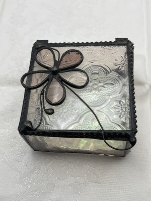 J Devlin Glass Art Stained Glass Jewelry Trinket Box Hinged Floral Lid