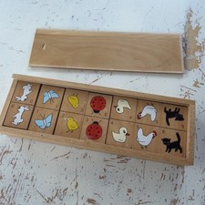 1980s Vintage Hand Painted Wood Dominoes In Wooden Box Animal  Number Theme