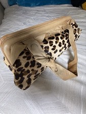 Leopard Print Satchel Top Handle Handbag, Zip Closure, Bow Accent, Beige