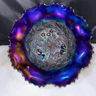 Three Fruits Carnival Glass Purple Ruffled Bowl Antique 9in
