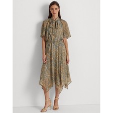 Lauren Ralph Lauren Women's Paisley Georgette Tie-Neck Midi Dress 10 NWT