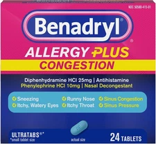 Benadryl Allergy Plus Congestion Ultratabs Sinus Congestion Relief Tablets 24 CT