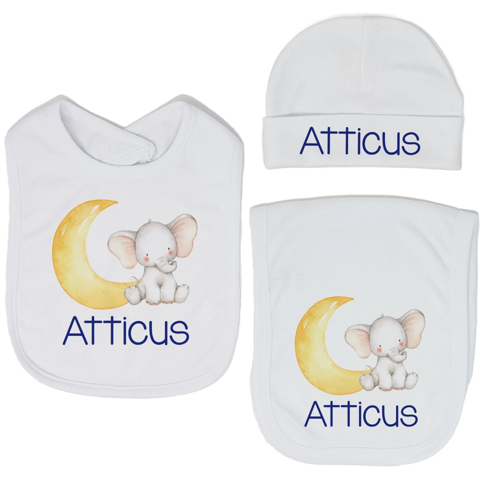 Baby Boy Personalized Custom Moon Elephant Bib and Burp Cloth Set VS2
Opens in a new window or tab