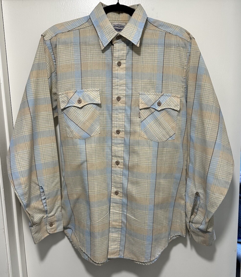 VTG Levi Strauss & Co Mens L Large Tan Blue Plaid Casual Button Up Western Shirt