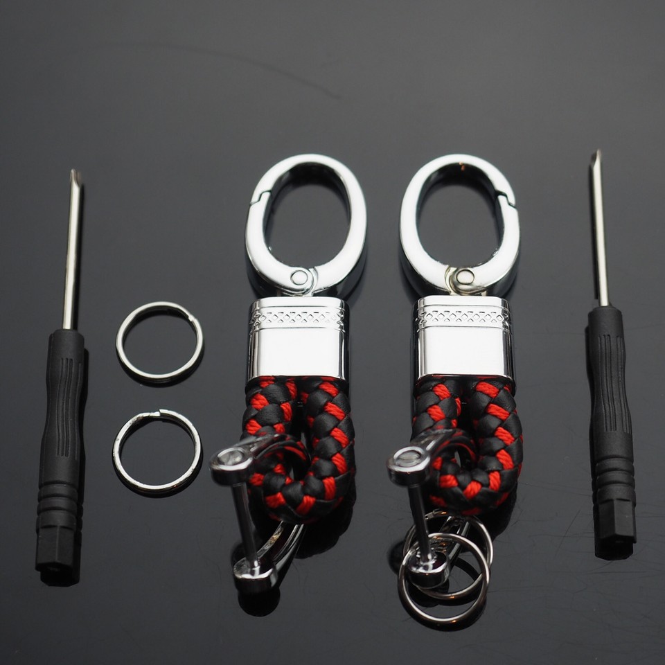 2pcs Red Black & Silver Woven Leather Fob Keychain Key Split Rings ...