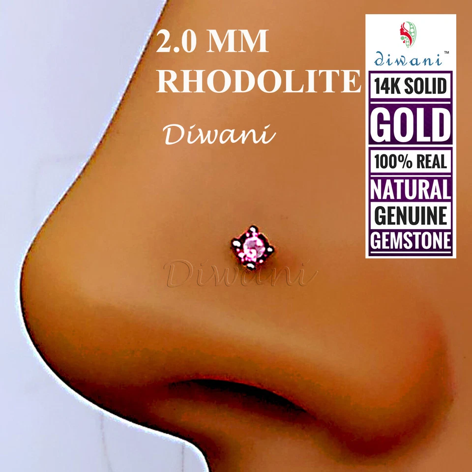 Diwani 2.0mm Rodolita Natural Oro 14k Boda Nariz Pin Cuerpo Piercing Anillo Perno Foto 4 de 4