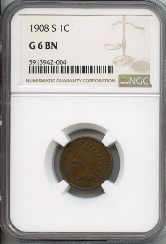 NGC - Indian Cent - 1c - 1908 S - G -6BN