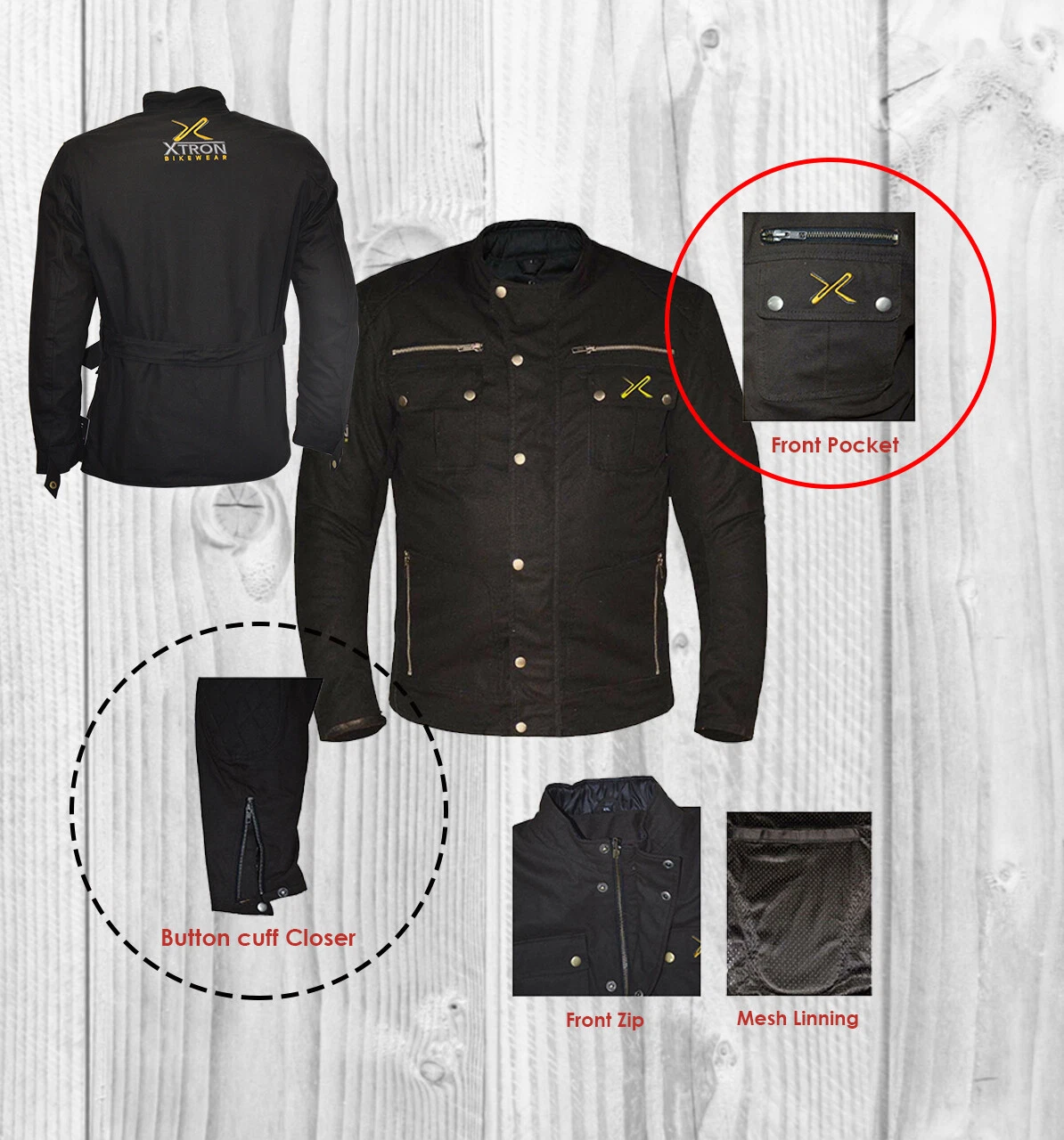 Motorcycle CE Armour Shoulder Cotton Waxed Biker Lined Jacket Brown Arms