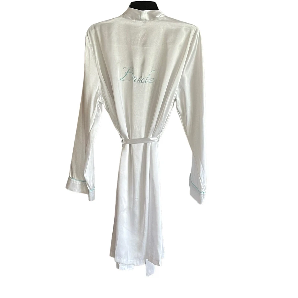 Apt 9 Mujer Blanco Satén Bata de Novia Azul Claro Borde Novia Corbata Cinturón Grande Foto 4 de 4