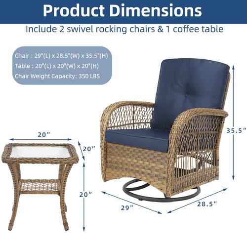 3 PCs Patio Wicker Conversation Bistro Set Rattan Gliding Rocking Swivel Chairs - Picture 27 of 32