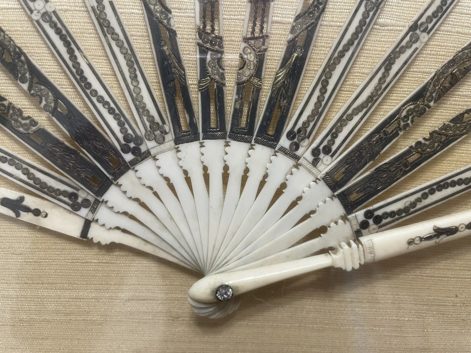 Antique FRENCH HAND PAINTED paper FAN ETCHED MOTHER OF PEARL 1800s - Image 4 of 4