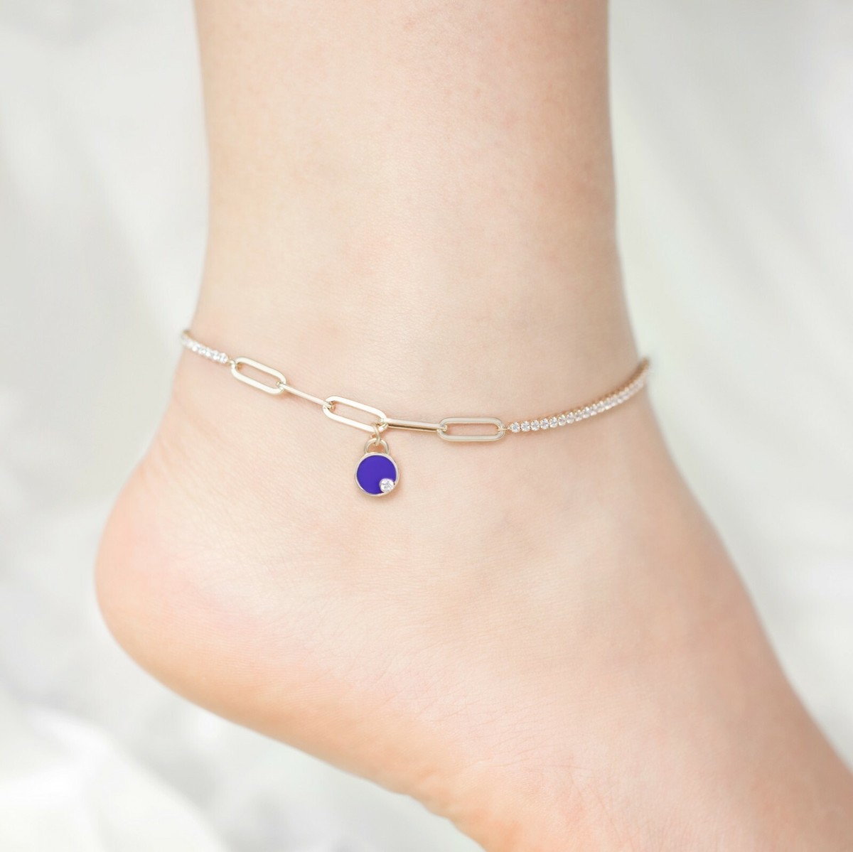 Paperclip CZ Blue Round Charm Ankle Anklet Real 14K Yellow Gold Up