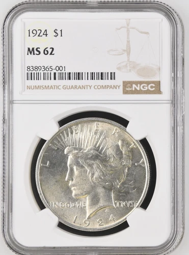 1924 Peace Silver Dollar NGC MS 62, Beautiful Issue Free Coin.