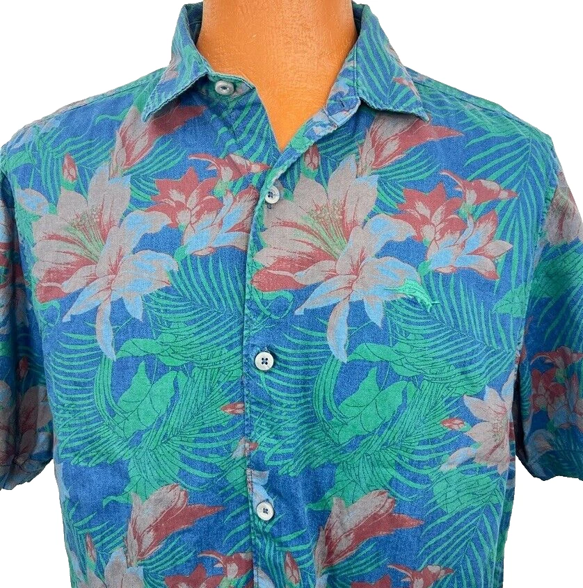 Tommy Bahama Hawiian Aloha L Shirt Hibiscus Palm Leaves Orchids Tropical Texture