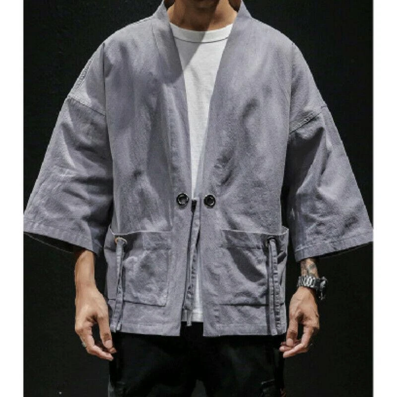 Men Chinese Kimono Coat Tops Jacket Loose Baggy Pocket Outwear Harajuku Summer  - Image 4 of 4