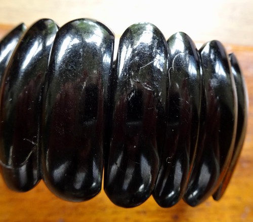 antique Victorian WHITBY JET carved fancy panel bead stretch bracelet -143 - Picture 8 of 9