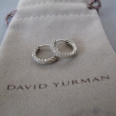 David Yurman Sterling Silver Diamond 14mm Petite Pave Huggie Hoop