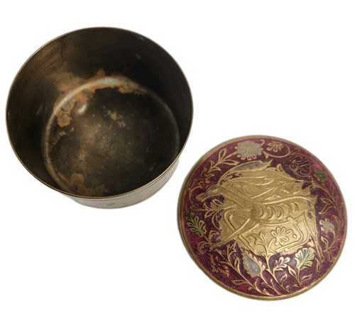 Vtg Round Brass and Enamel Cloisonne Trinket Box with Antelope Flower Motif READ - Picture 4 of 6