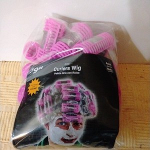 Halloween old lady gray hair in pink curlers wig cat lady costume cosplay GUC