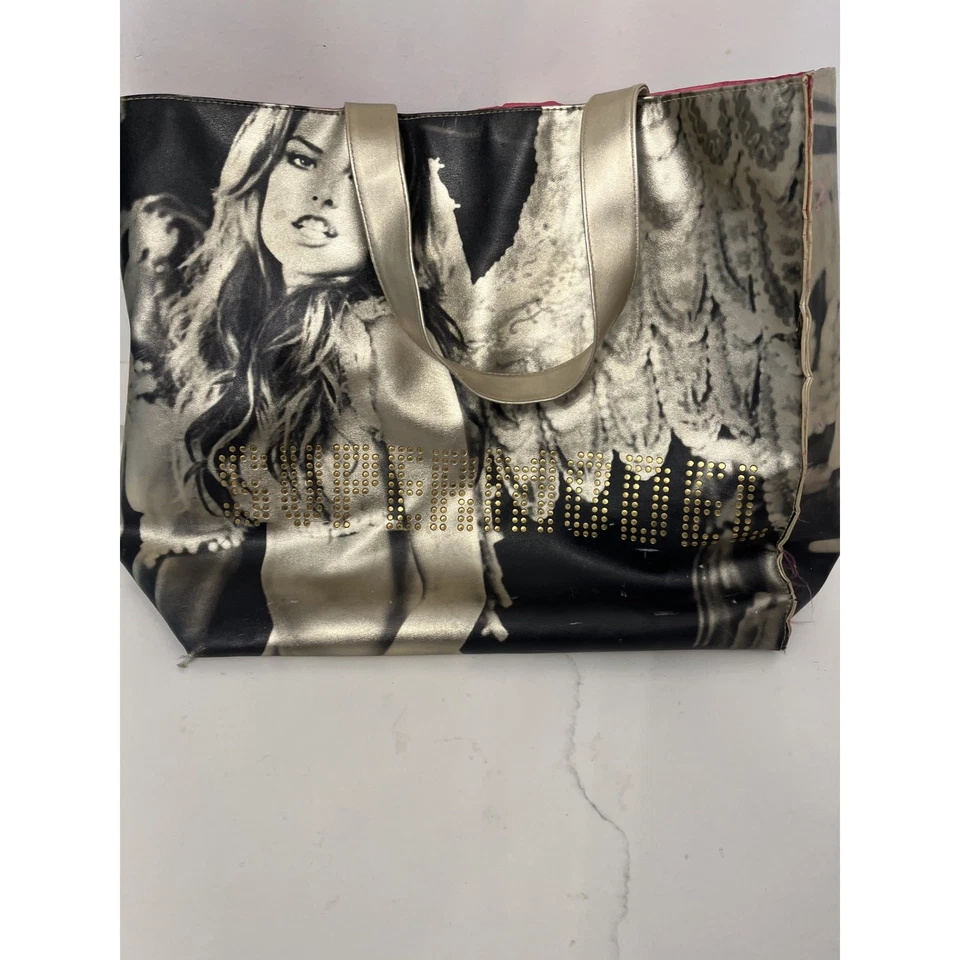 Victoria's Secret модель большая сумка с короткими ручками наплечная сумка винил металлический золото черный винтажный - Изображение 4 из 4