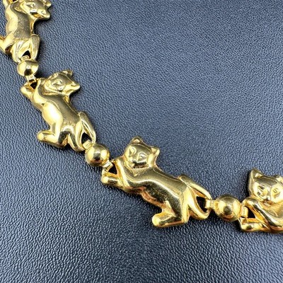 Vintage Necklace Cat Kitten With Yarn Ball Link Shiny Gold Tone 1980s 19'' Avon