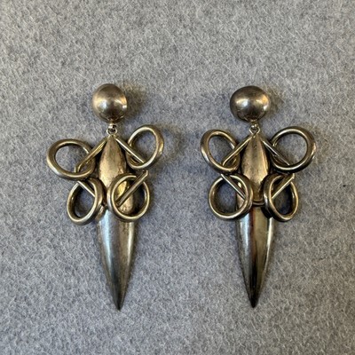 Vntg 5'' Metalwork Clip On Dangle Earrings Silver Tone Oversized Abstract Angel