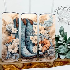 Boho Floral Cowboy / Cowgirl Boots 20oz Stainless Steel Tumbler With Lid Straw