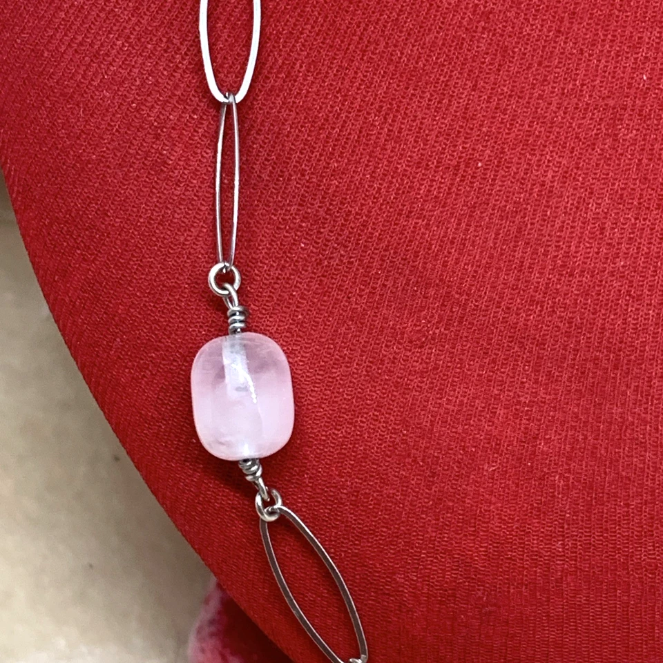 COLLANA ANNI 70 IN ARGENTO 925 E BARILOTTI DI QUARZO ROSA LUNGA CM 50 - Immagine 3 di 4