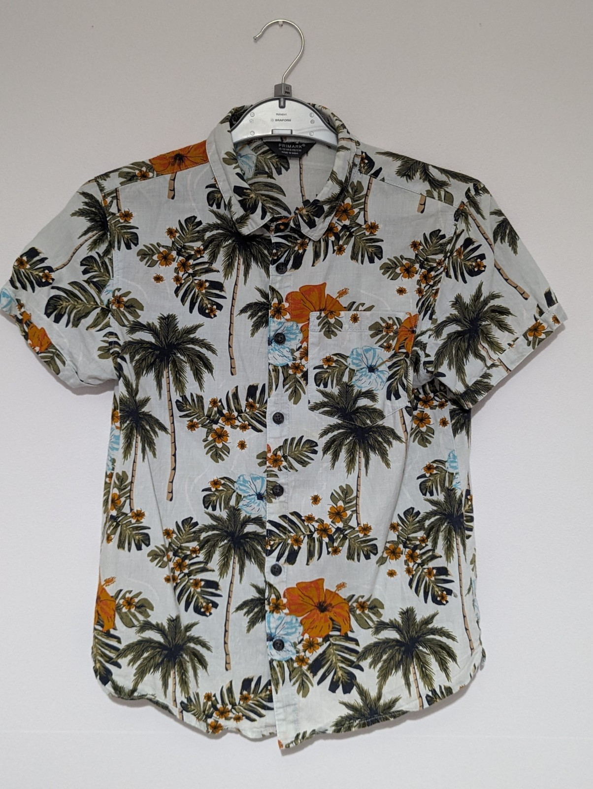 Primark Boys Light-Blue Palm Tree Print Short Sleeved Cotton Shirt 11-12yrs