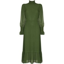 Reformation Galena Midi Dress Moss Green Smocked High Mock Neck Sleeves Slit 0
