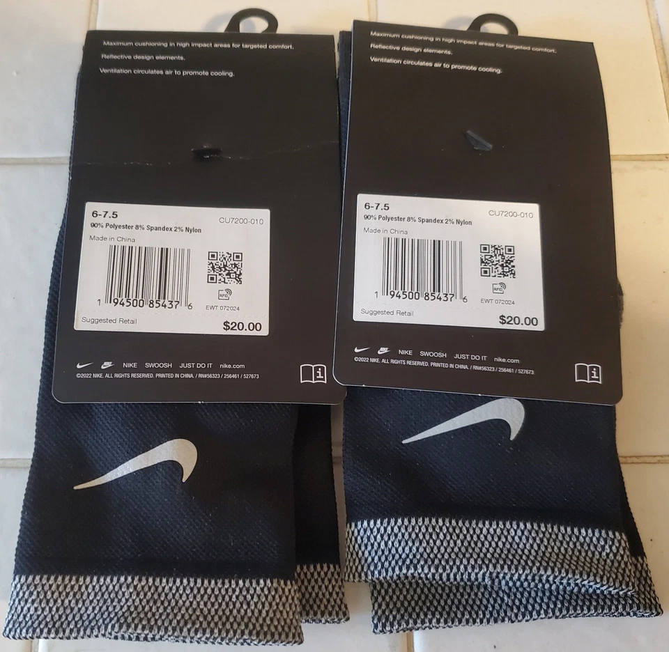 Lote de 2 pares de meias de corrida Nike Spark Crew Dri-Fit pretas masculinas 6-8 CU7200 x2 novas sem etiquetas - Imagem 2 de 3