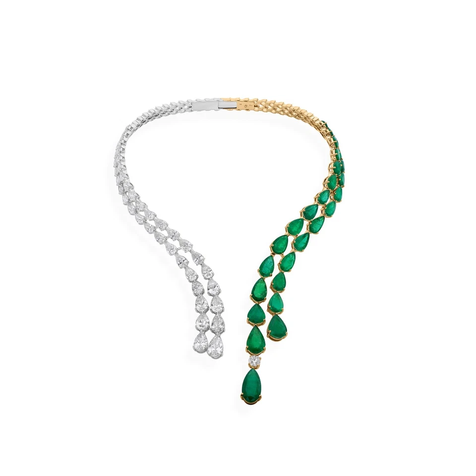 Collar Gargantilla 61.64 Tcw Zambia Esmeralda SI/H Pera Diamante Oro 14k Dos Tonos Foto 2 de 4