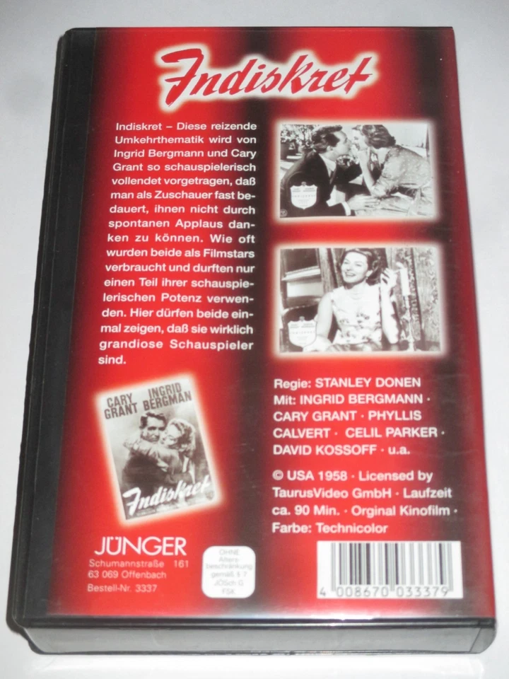 Jünger Video - Indiskret - VHS/Komödie/Cary Grant/Ingrid Bergman/'58 - Bild 2 von 2