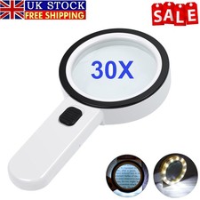 Image of 30X Extra Large 90mm Magnifying Glass w/12 LED Light Illuminated Reading Loupe